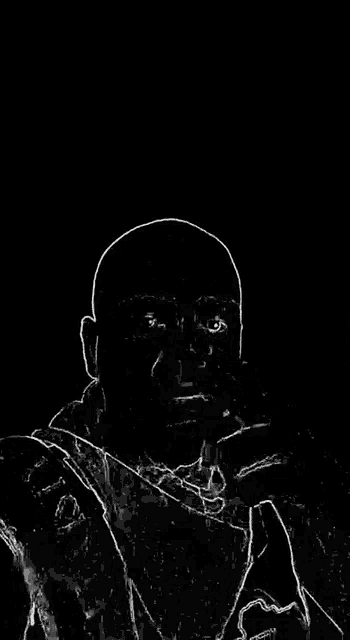 a black and white drawing of a man 's face with a triangle on his forehead