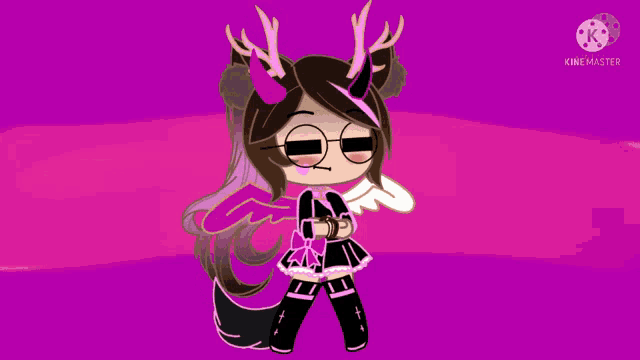 a drawing of a girl with horns and glasses on a pink background