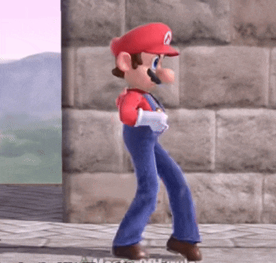 a video game character named mario is walking on a sidewalk