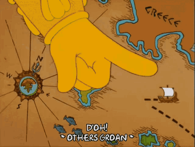 a cartoon hand pointing at a map with the word greece on it