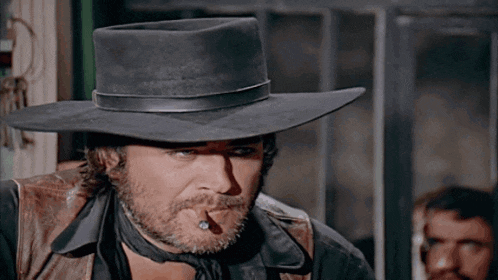 a man with a beard wearing a cowboy hat is smoking a cigar