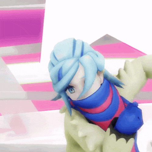 a cartoon character with blue hair and green arms