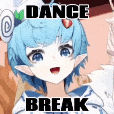 a cartoon character with blue hair and a strawberry on her head is holding a sign that says dance break .