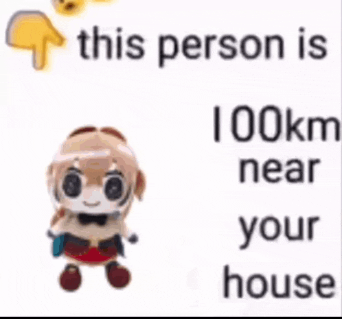 a stuffed doll is standing next to a sign that says `` this person is 41 kilometers near you '' .