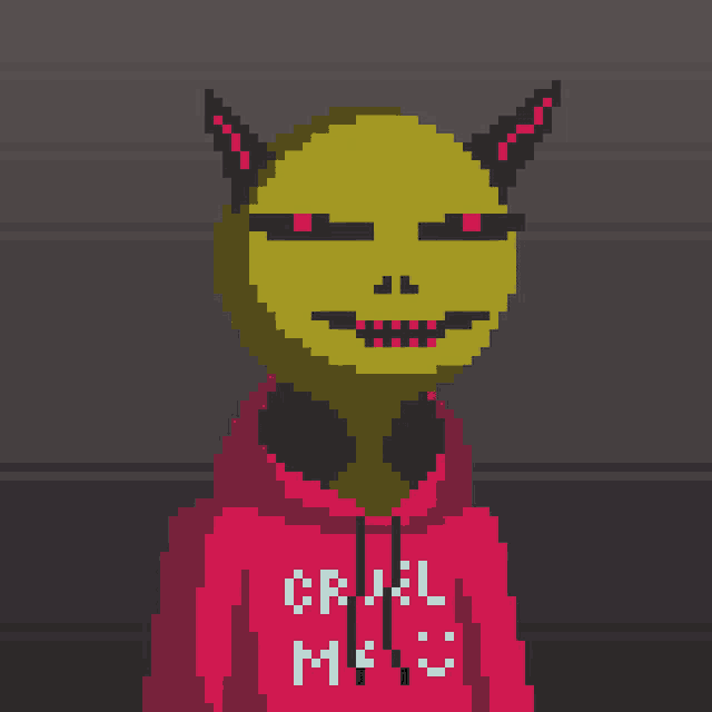 a pixel art drawing of a devil wearing a red hoodie that says cruel me