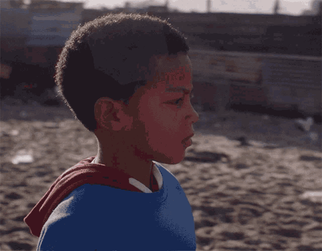 a young boy wearing a blue shirt and a red hoodie stands on a sandy beach