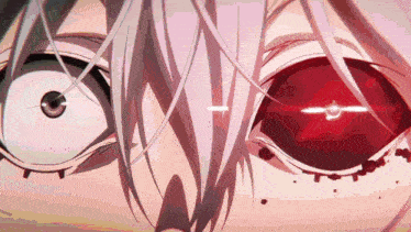 a close up of a person with red eyes