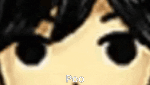 a close up of a cartoon character 's face with the words `` poo '' written below it .