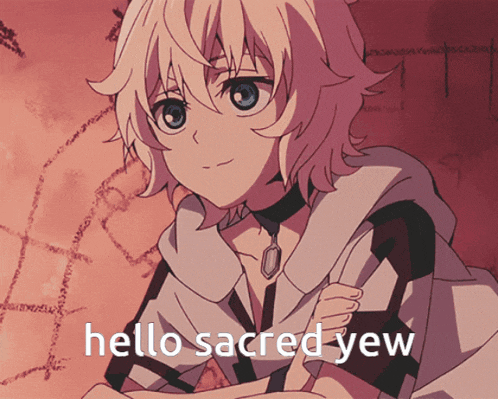 a picture of a girl with the words hello sacred yew