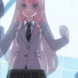 a girl with pink hair is wearing a purple suit and tie