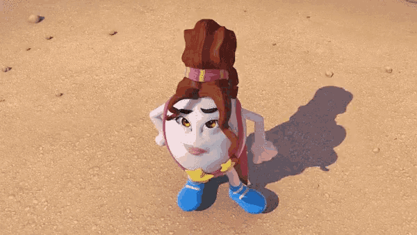 a cartoon character is standing on a dirt road with her hands on her hips .