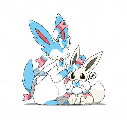 a drawing of a blue and white rabbit with a pink and white ribbon around its neck