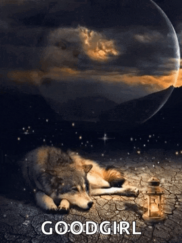 a wolf is laying on the ground next to a lantern with the words good girl written on it
