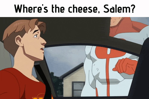 a cartoon of a man in a car asking where the cheese is