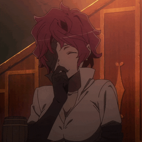 a girl with red hair is holding a barrel in her hand