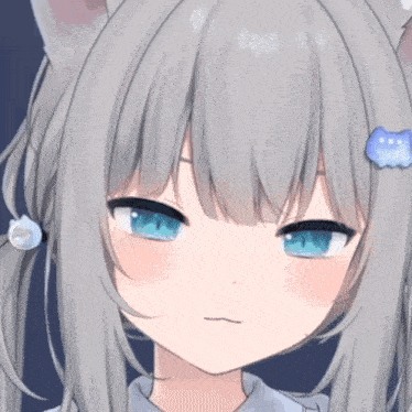 a girl with gray hair and blue eyes is making a face