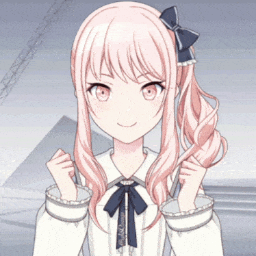a girl with pink hair is wearing a white shirt with a blue bow and a ribbon that says night queen on it