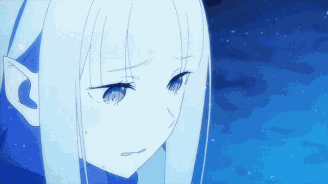 a girl with white hair and purple eyes looks down