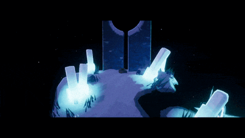 a computer generated image of a snowy landscape with glowing ice blocks