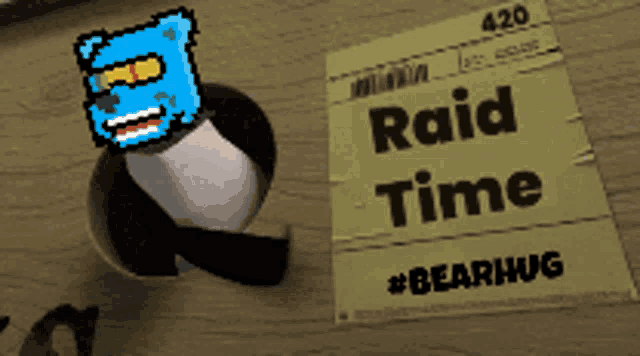 a paper that says raid time on it next to a cartoon character