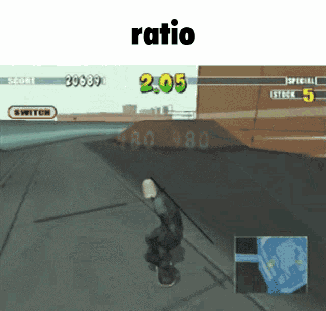 a video game screen shows a person doing a trick and the word ratio above it