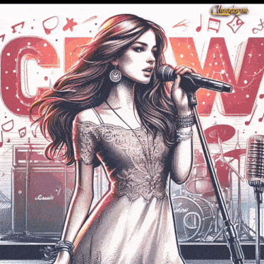 a drawing of a woman singing into a microphone with a marshall drum set in the background