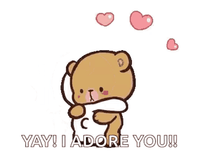a cartoon teddy bear is hugging another teddy bear with hearts coming out of its head .