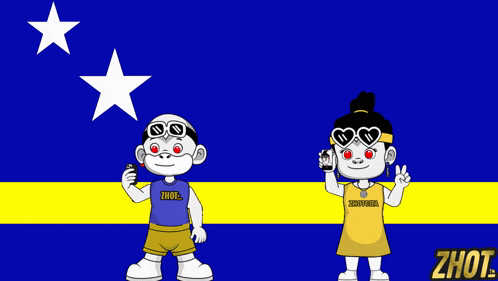 a boy and a girl are standing in front of a blue and yellow flag that says zhout on it