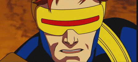 a close up of a cartoon character wearing a pair of yellow and red glasses