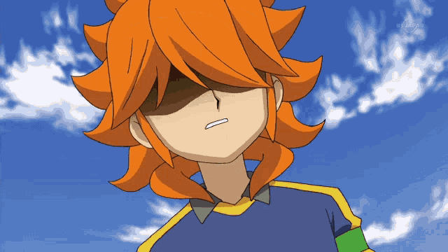 a cartoon character with orange hair and a blue sky behind him with tokyo mx on the bottom right
