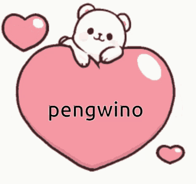 a teddy bear is sitting on top of a pink heart with pengwino written on it