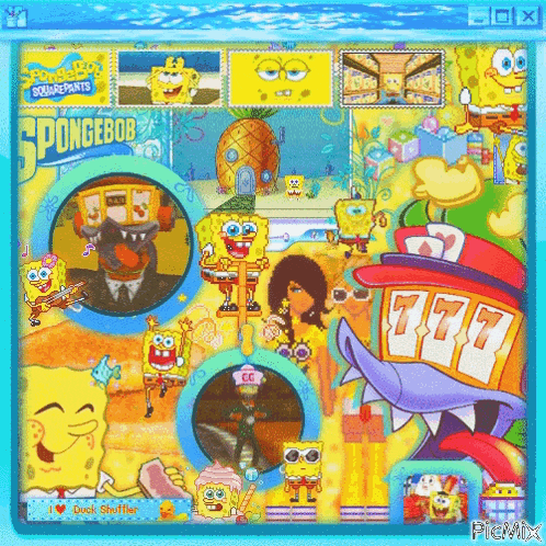 a collage of spongebob squarepants characters with a slot machine that says 777 on it