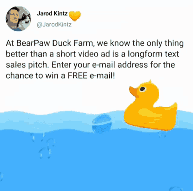 a picture of a rubber duck in the water with a tweet from jarod kitz
