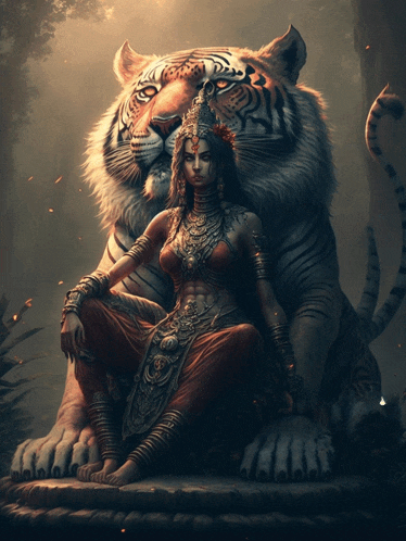 a woman is sitting next to a tiger in a painting