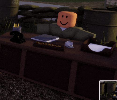 a cartoon character sitting at a desk with a sign that says sergeant mcquillian