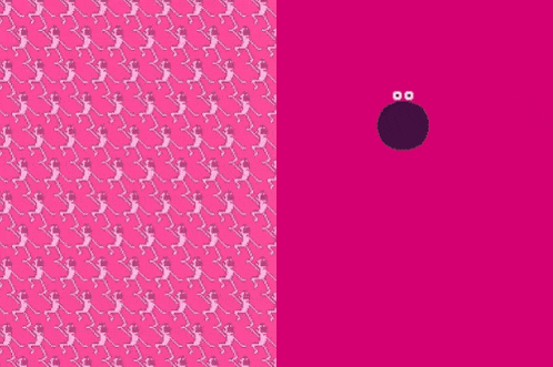 a pink background with a pattern of skeletons on it and a black circle with eyes on it .
