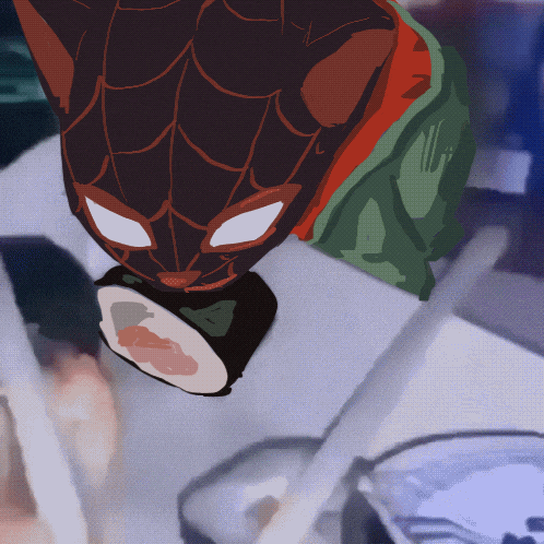a drawing of a cat with a spider web on its head holding a sushi roll