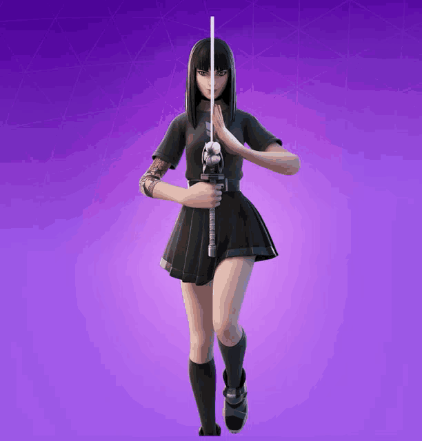a girl in a black outfit is holding a white sword