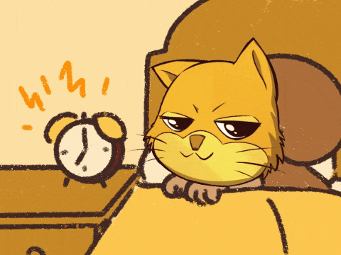 a cartoon drawing of a cat laying in bed next to an alarm clock that shows the time as 7:00