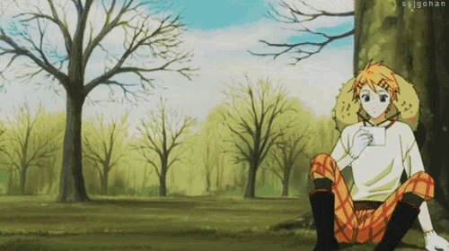 a cartoon character sits under a tree holding a cup