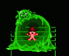 a pixel art drawing of a green monster and a red man