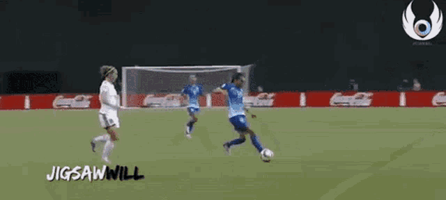 a woman is kicking a soccer ball on a field with the words jigsaw will on the bottom