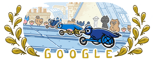 a google logo with a cartoon of birds racing