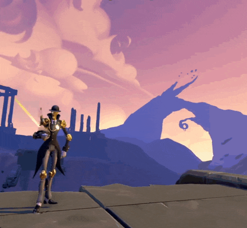 a cartoon character holding a sword in front of a cloudy sky