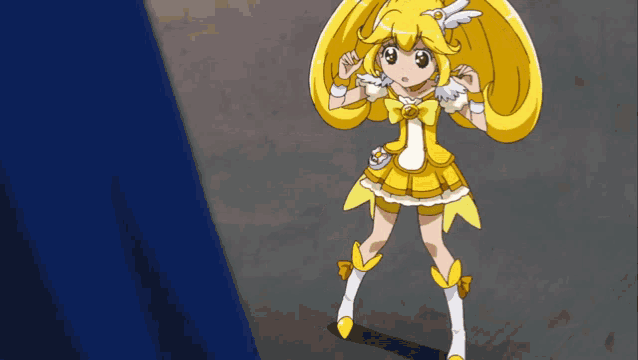 a girl with yellow hair and white wings is wearing a yellow and white outfit