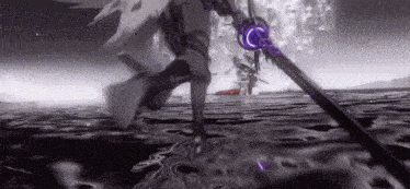 a person is holding a sword in the water in a black and white video game .