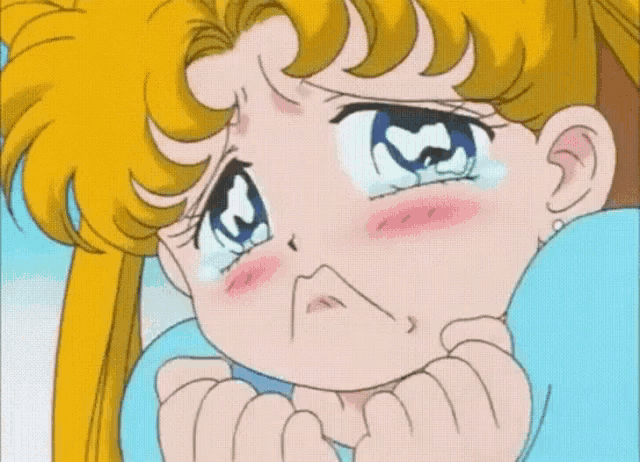 a cartoon girl is crying with her eyes closed and her hands on her face .