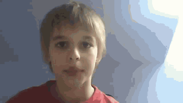 a young boy wearing a red shirt is looking at the camera .