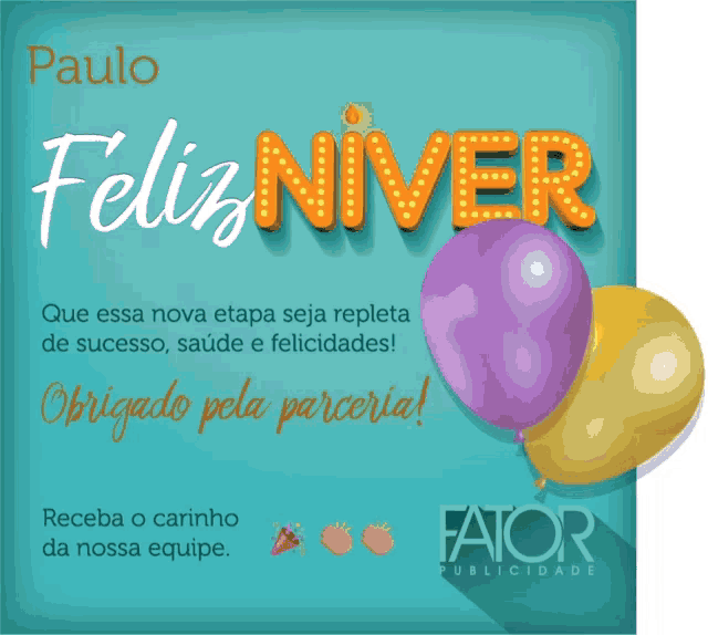 a greeting card for paulo feliz niver with three balloons