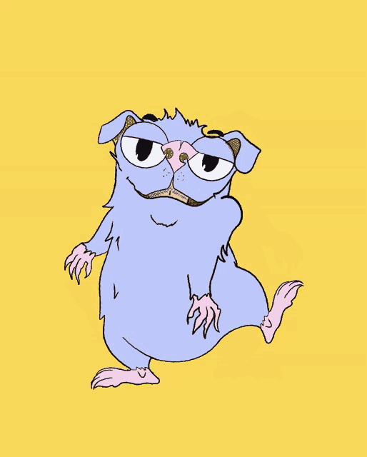 a cartoon drawing of a blue dog with a pink nose